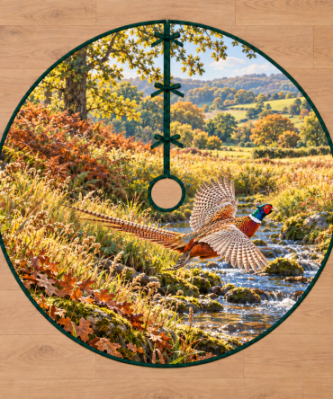 Pheasant Meadow Flight Christmas Tree Skirt — Elegant Feathered Bird Motif, Meadow Floral Quilted Skirt For Rustic Holiday Interiors