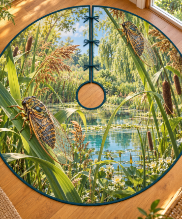 Cicada Reed Summer Pond Holiday Tree Skirt — Serene Wetland Motif In Natural Tones, Plush Summer-To-Winter Transitional Tree Base Cover