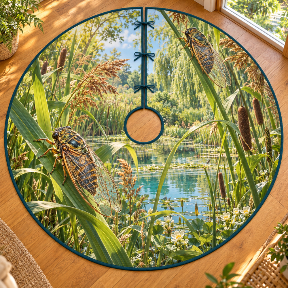 Cicada Reed Summer Pond Holiday Tree Skirt — Serene Wetland Motif In Natural Tones, Plush Summer-To-Winter Transitional Tree Base Cover