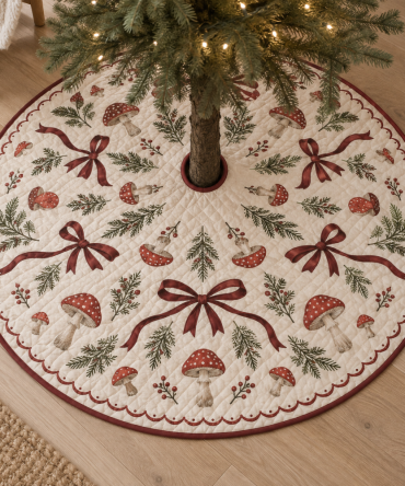 Woodland Ribbon Quilted Christmas Tree Skirt — Rustic Holiday Decor With Quilted Texture, Reversible Patterns, Cozy Forest-Inspired Accent