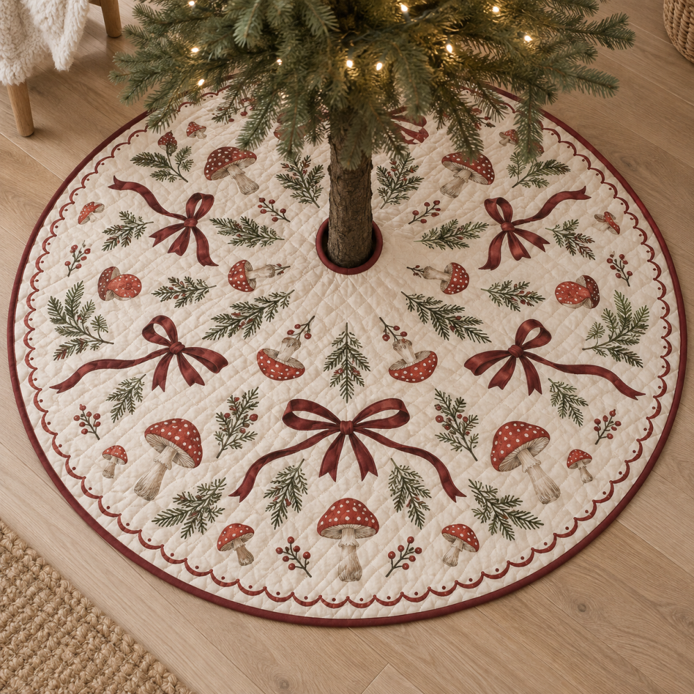 Woodland Ribbon Quilted Christmas Tree Skirt — Rustic Holiday Decor With Quilted Texture, Reversible Patterns, Cozy Forest-Inspired Accent