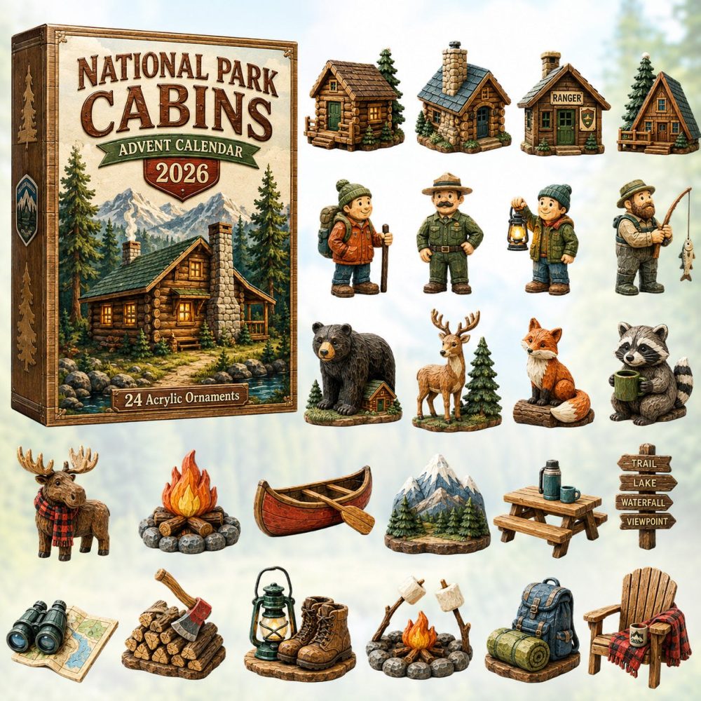 2026 National Parks Cabins Countdown Calendar — 24 Rustic Acrylic Charm Miniatures, Cozy Holiday Gift For Outdoorsy Folks