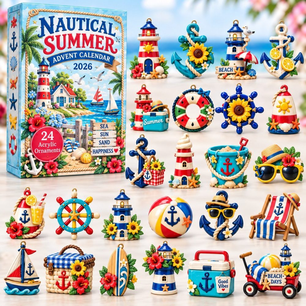 2026 Nautical Summer Advent Calendar - 24-Day Beach Countdown With Acrylic Charms, Sun & Sailor Holiday Gift-Ready Decor