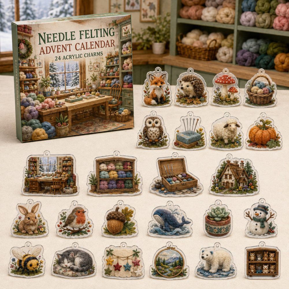 24-Day Needle Felting Charm Countdown — Acrylic Wool, Needle & Animal Mini Charms For Felt Artists, Craft Gift