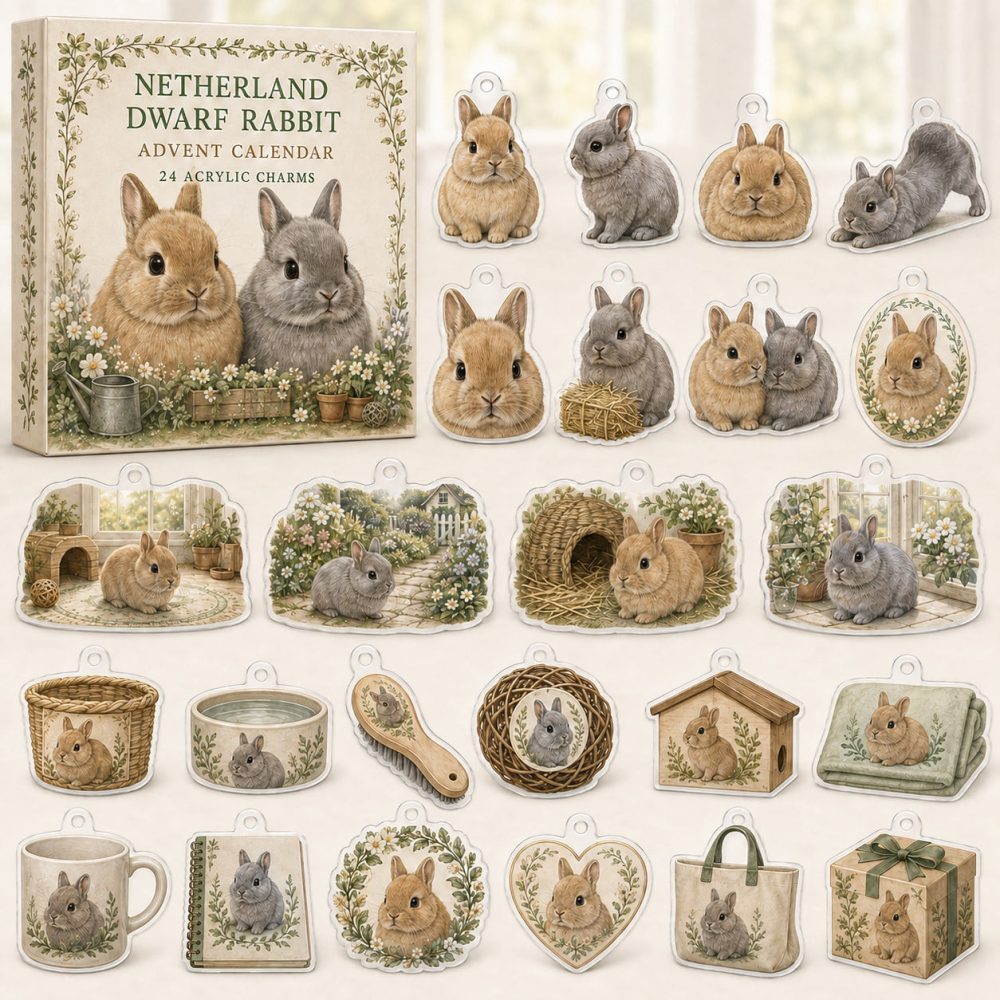 Netherland Dwarf Rabbit 24-Day Charm Countdown — 24 Acrylic Bunny Charms In Advent Box For Gifts, Crafts & Collectors