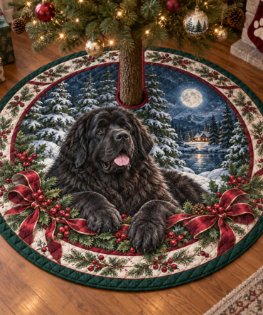 Newfoundland Dog Quilted Christmas Tree Skirt — Extra-Large Plush Base, Heavy Padding, Durable Stitching, Machine-Washable & Gift-Ready