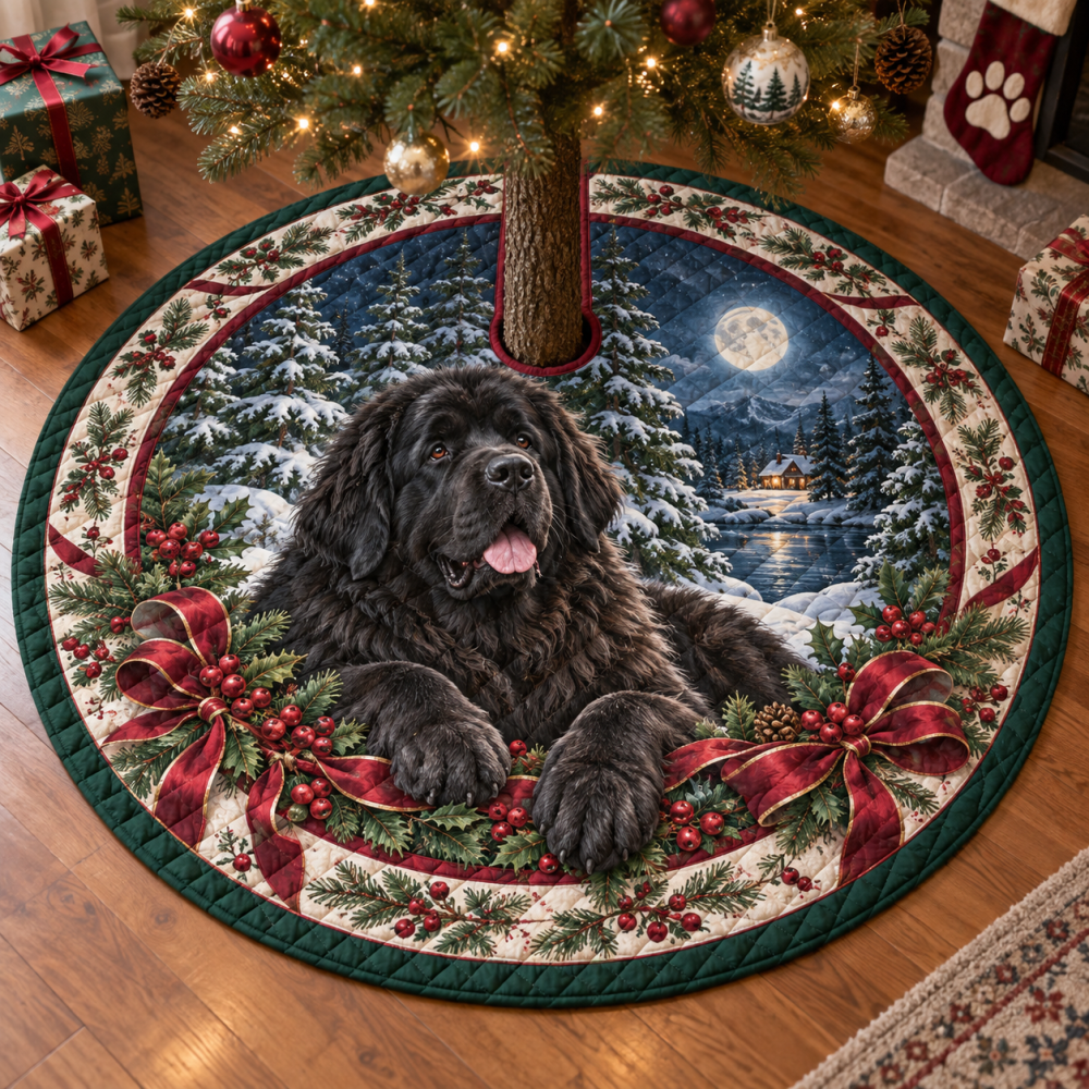 Newfoundland Dog Quilted Christmas Tree Skirt — Extra-Large Plush Base, Heavy Padding, Durable Stitching, Machine-Washable & Gift-Ready