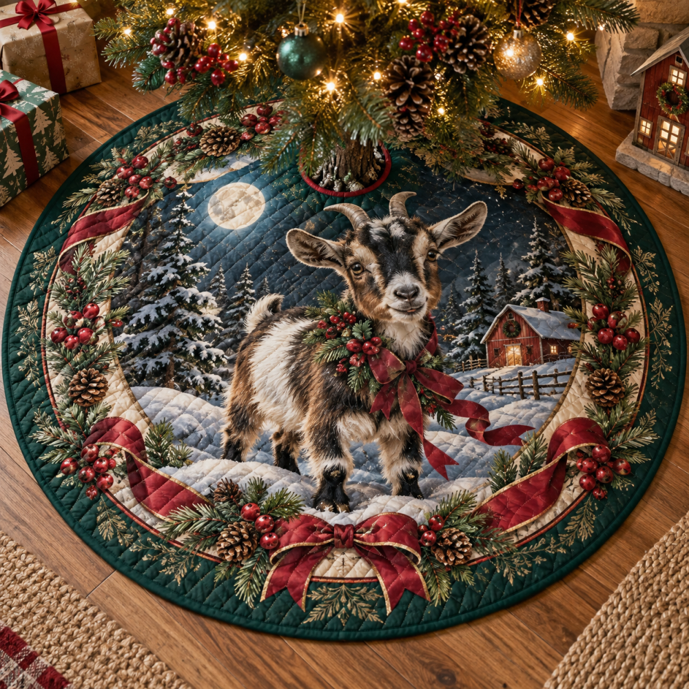 Nigerian Dwarf Goat Holiday Tree Skirt — Quilted Reversible Mat, Plush & Machine-Washable, Cute Goat-Themed Farmhouse Décor