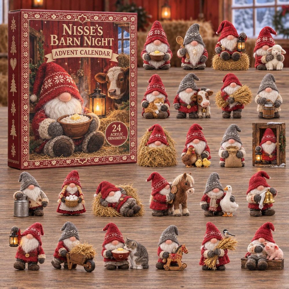 Nisse Barn Night 24-Day Acrylic Charm Countdown — Cozy Scandinavian Nisse Gnome Advent For Rustic Holiday Decor & Family Traditions