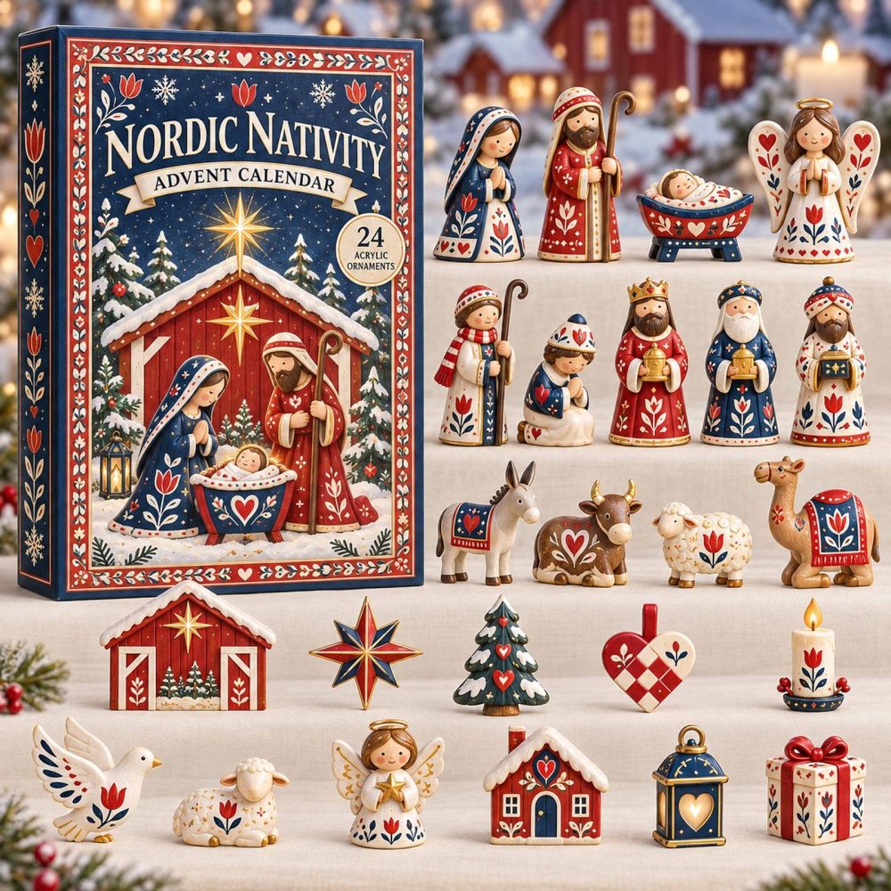 Nordic Nativity Advent Calendar - 24-Day Christmas Countdown With Acrylic Charms, Scandinavian-Inspired Nativity Set