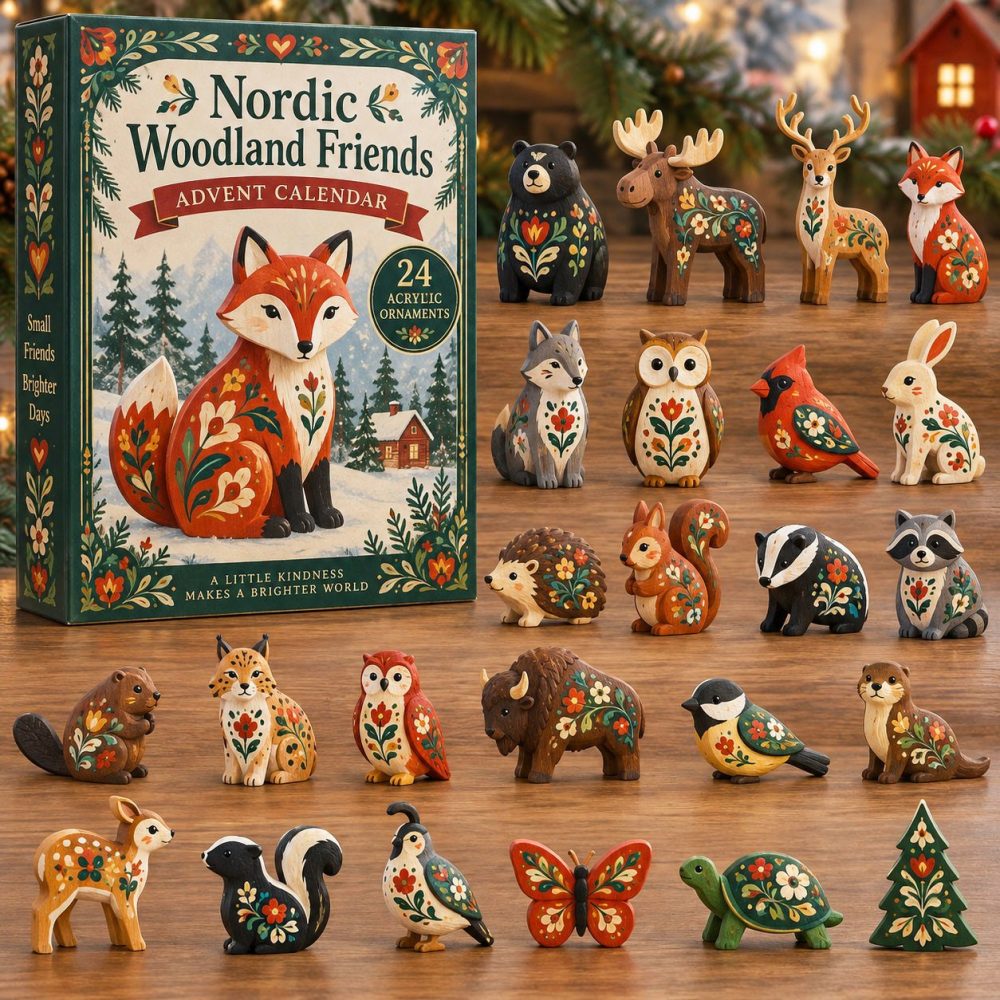 Nordic Woodland Christmas Advent Calendar - 24-Day Holiday Countdown With Acrylic Charms, Scandinavian Rustic Decor