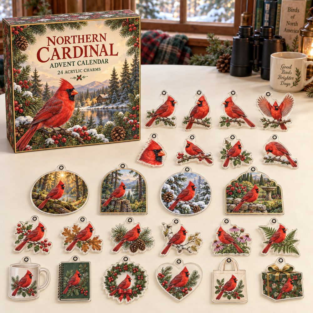 Northern Cardinal Acrylic Charm Holiday Countdown — 24 Collectible Advent Ornaments, Premium Gift For Bird Lovers