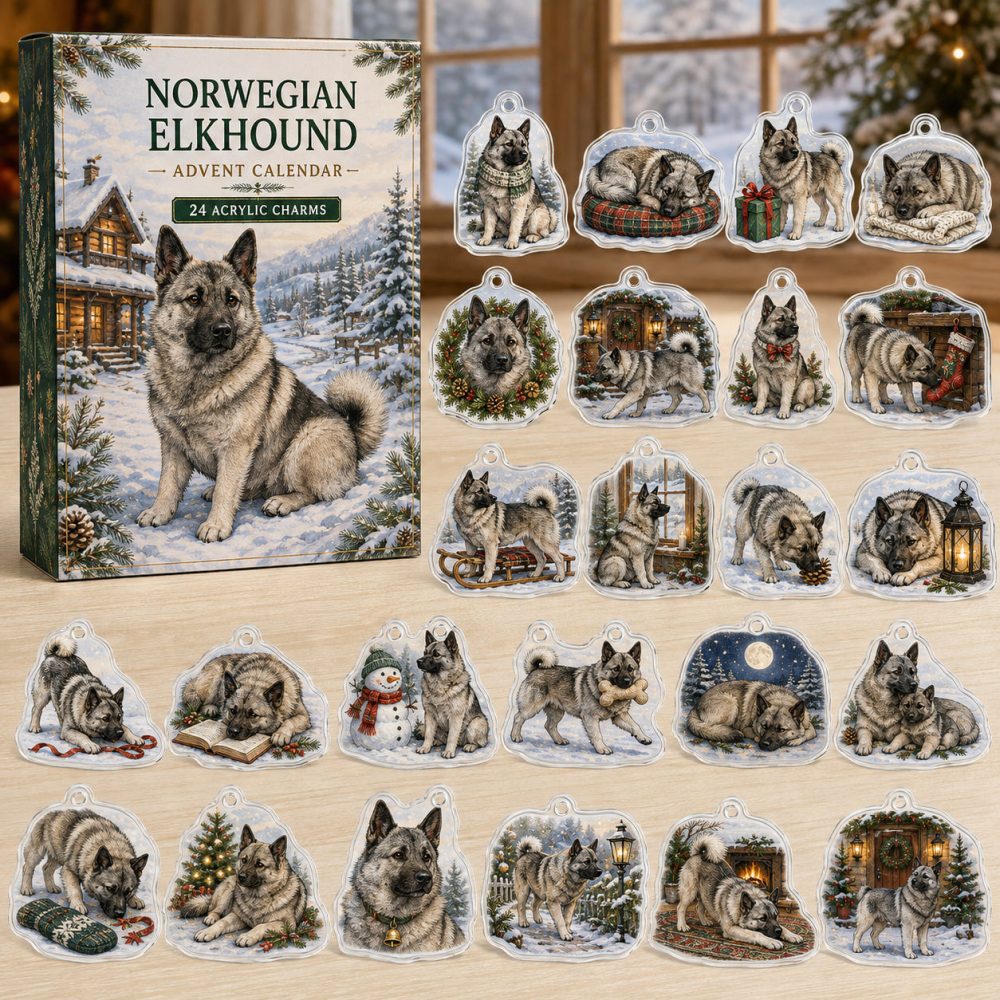Norwegian Elkhound Holiday Countdown Calendar - 24 Acrylic Charms, Rustic Gift For Nordic Hound Lovers