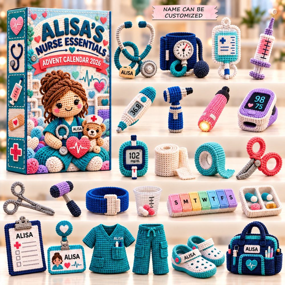 2026 Crochet Teal Nurse Essentials Advent Calendar - 24-Day Acrylic Charm Countdown, Cozy Nurse-Themed Holiday Gift With Teal Accents