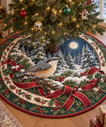 Nuthatch Quilted Christmas Tree Skirt — Hand-Stitched Woodland Bird Design, Reversible, Soft Cotton Fill, Holiday Home Accent, Easy Care