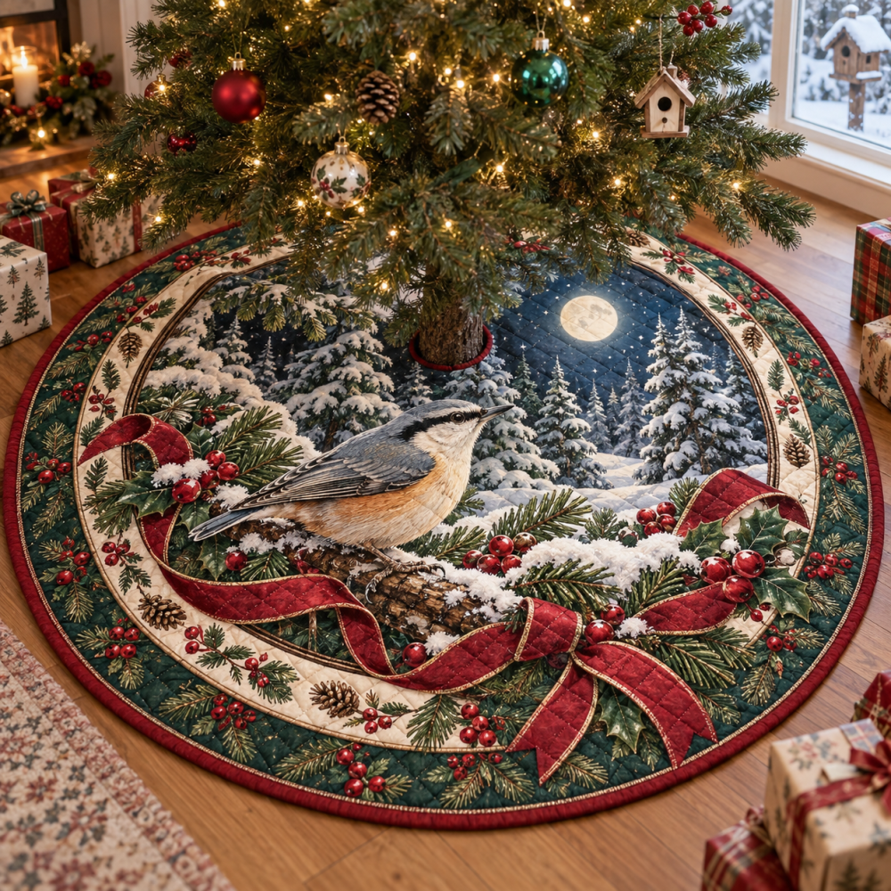 Nuthatch Quilted Christmas Tree Skirt — Hand-Stitched Woodland Bird Design, Reversible, Soft Cotton Fill, Holiday Home Accent, Easy Care