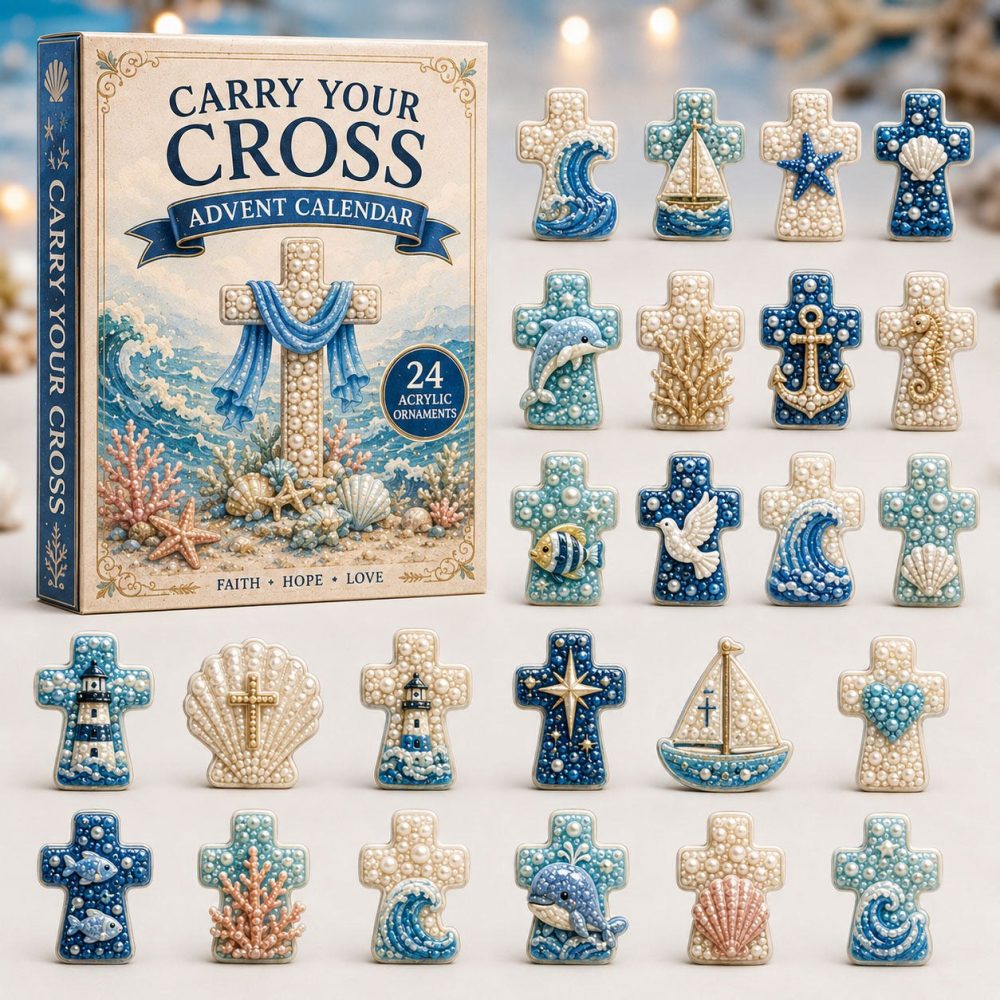 2026 Ocean Cross Charm Advent Calendar - 24-Day Nautical Countdown With Acrylic Charms, Coastal Religious & Beach-Themed Gift Set