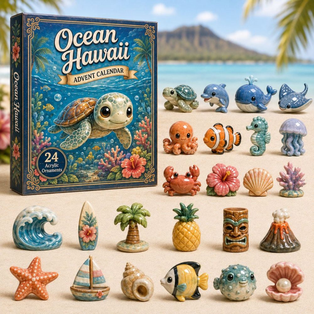2026 Hawaii Ocean Advent Calendar - 24-Day Acrylic Charm Countdown, Tropical Luau & Surf Holiday Gift Set For Kids