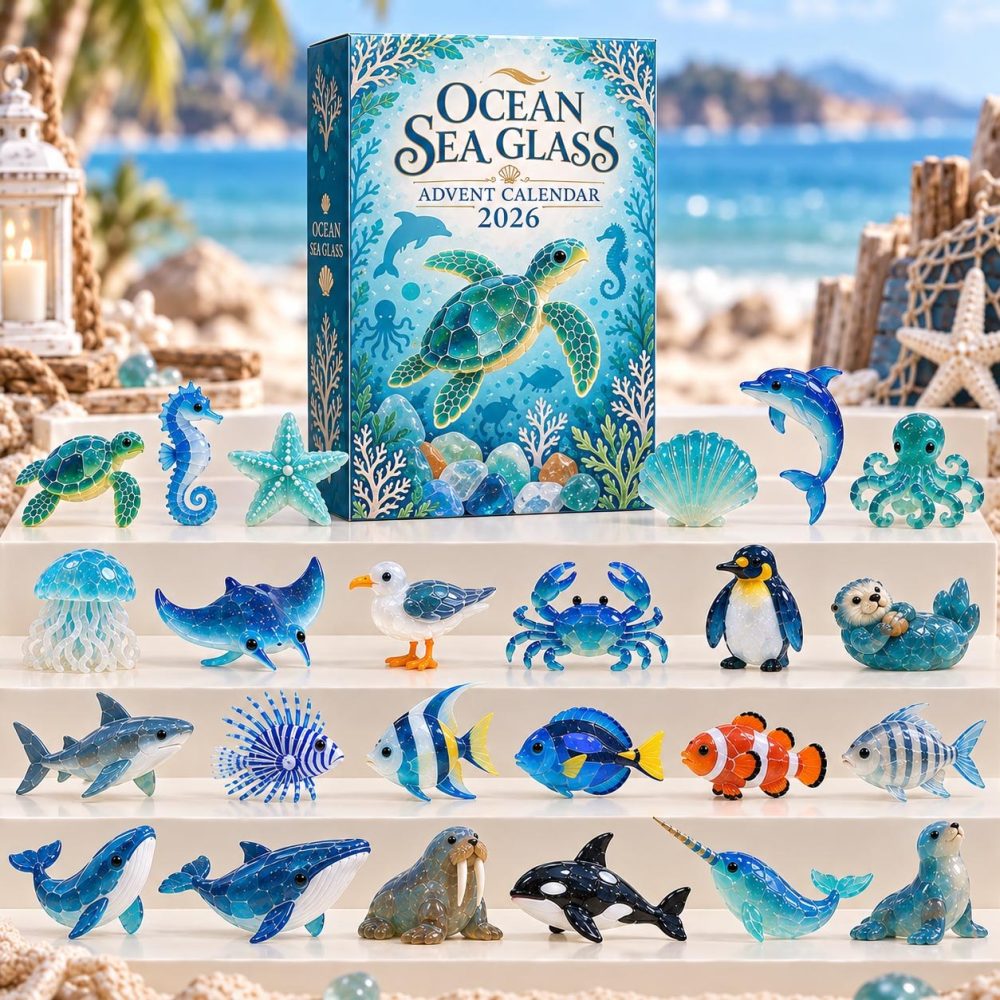 Ocean Sea Glass Advent Calendar 2026 — 24-Day Acrylic Charm Countdown, Coastal Glass & Beach Ornaments For Holiday Decorating
