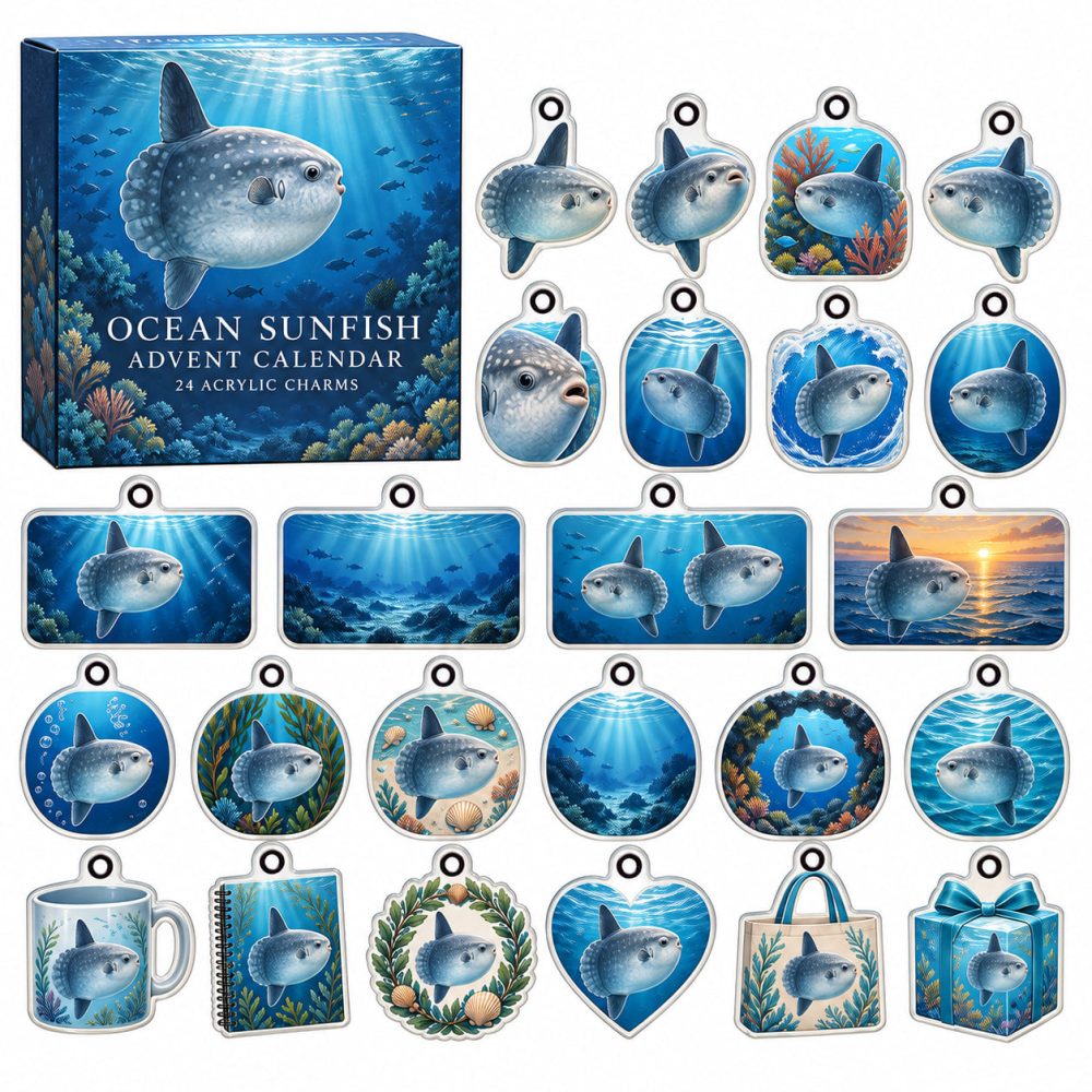 Ocean Sunfish 24-Day Acrylic Charm Countdown — Unique Mola Mola Advent Set With 24 Mini Charms, Quirky Gift For Marine Lovers
