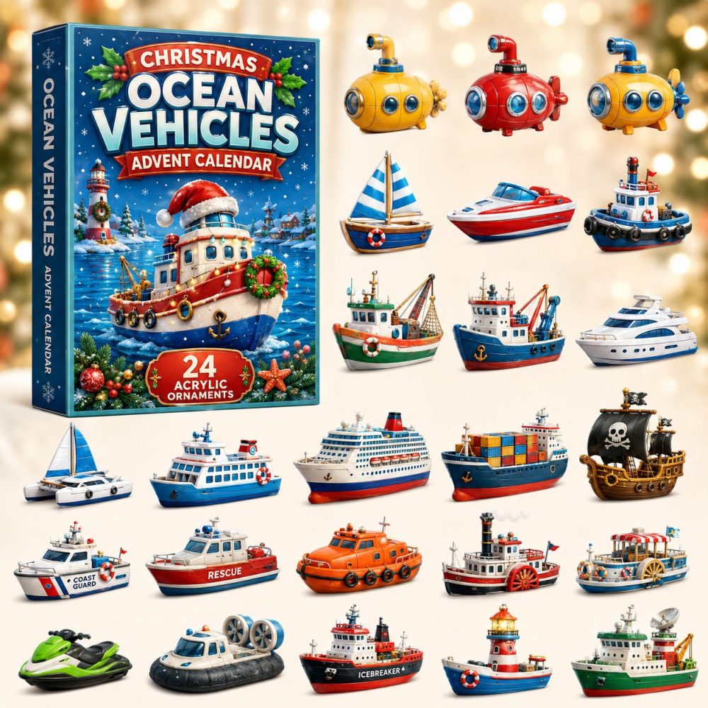 2026 Ocean Vehicles Countdown Calendar — 24 Nautical Acrylic Charms, Boat & Submarine Themed Gift For Kids & Collectors