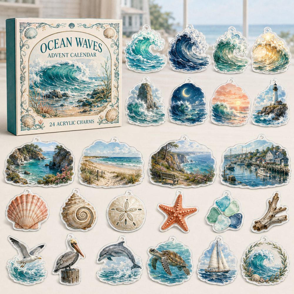 Seaside Advent Calendar - 24 Ocean-Themed Acrylic Charms, Holiday Countdown Gift For Beach Lovers , Perfect Stocking Stuffer