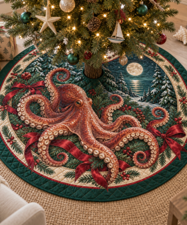 Octopus Heritage Quilted Christmas Tree Skirt — 48" Round Premium Coastal Holiday Decor, Plush Lining, Machine-Washable, Gift-Ready