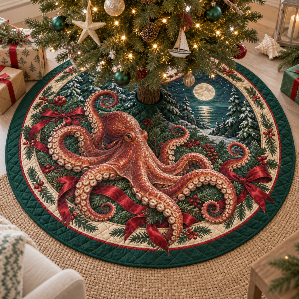 Octopus Heritage Quilted Christmas Tree Skirt — 48" Round Premium Coastal Holiday Decor, Plush Lining, Machine-Washable, Gift-Ready