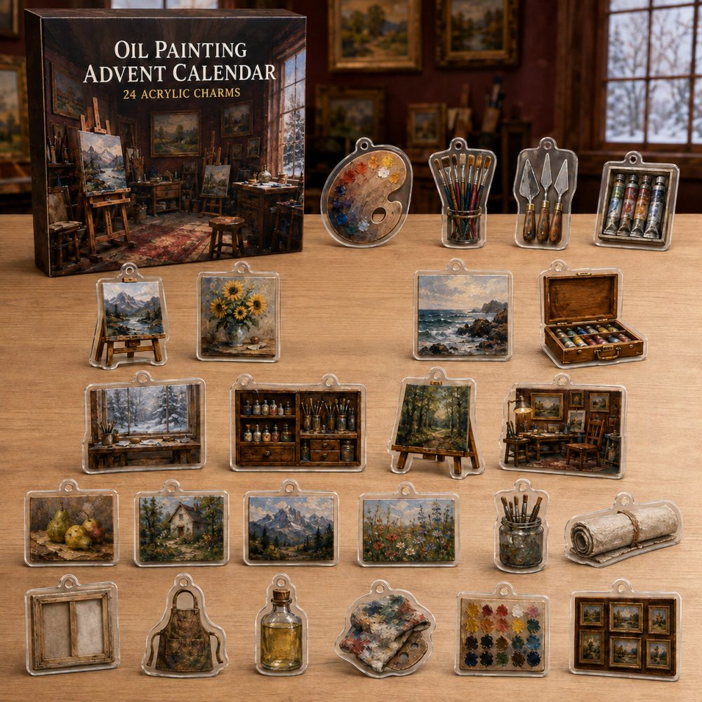 24-Day Oil Painting Art Charm Advent — Acrylic Mini Palette & Brush Charms Set, Creative Gift For Artists, Students & Art Lovers