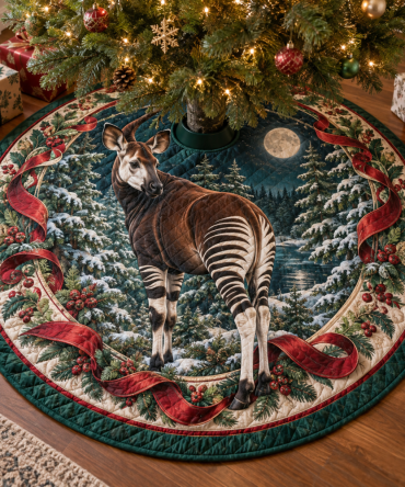 Okapi Quilted Tree Skirt For Christmas — Elegant Stripe Pattern Inspired By Forest Antelope, Reversible, Soft Padding, Stylish Holiday Cover