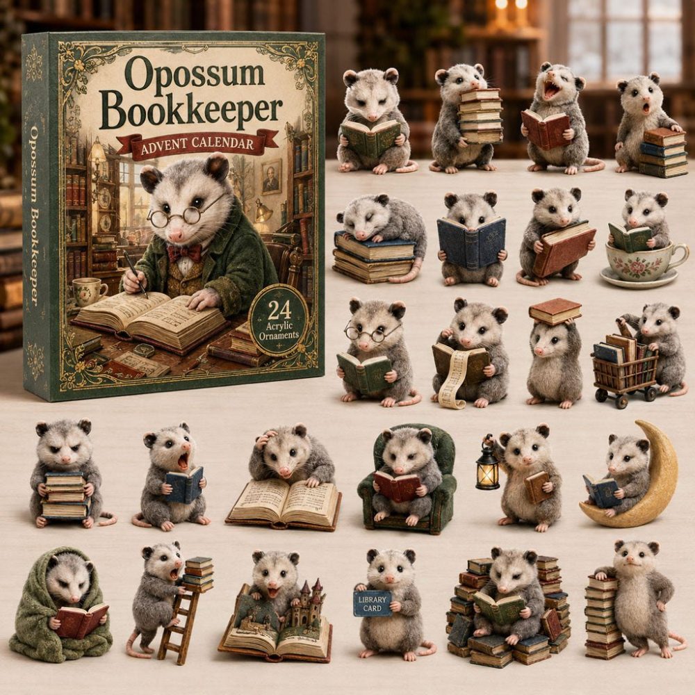 Opossum Bookkeeper Countdown 2026 — 24 Book & Accounting-Themed Acrylic Charms, Clever Advent Gift For Bookish Friends