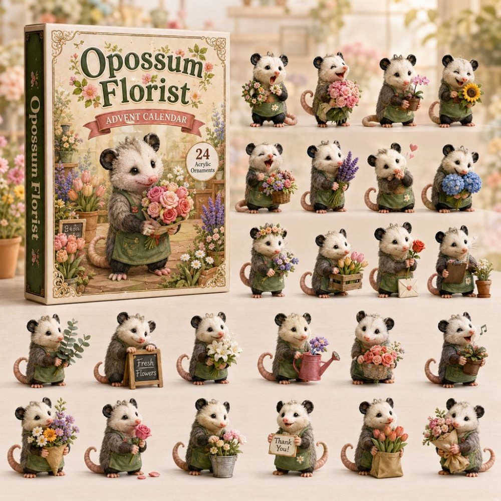 Opossum Florist Holiday Countdown 2026 — 24 Floral Acrylic Charms, Charming Daily Reveal For Gardeners & Animal Fans