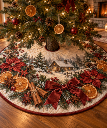 Orange & Clove Quilted Christmas Tree Skirt — Citrus Spice Holiday Scent-Inspired Décor, Warm Quilting, Cozy Kitchen Or Mantel Accent