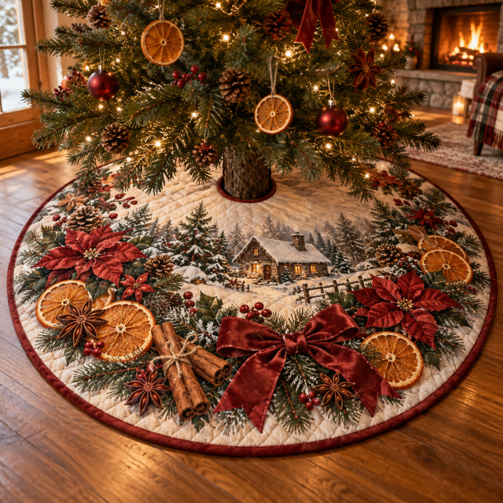 Orange & Clove Quilted Christmas Tree Skirt — Citrus Spice Holiday Scent-Inspired Décor, Warm Quilting, Cozy Kitchen Or Mantel Accent