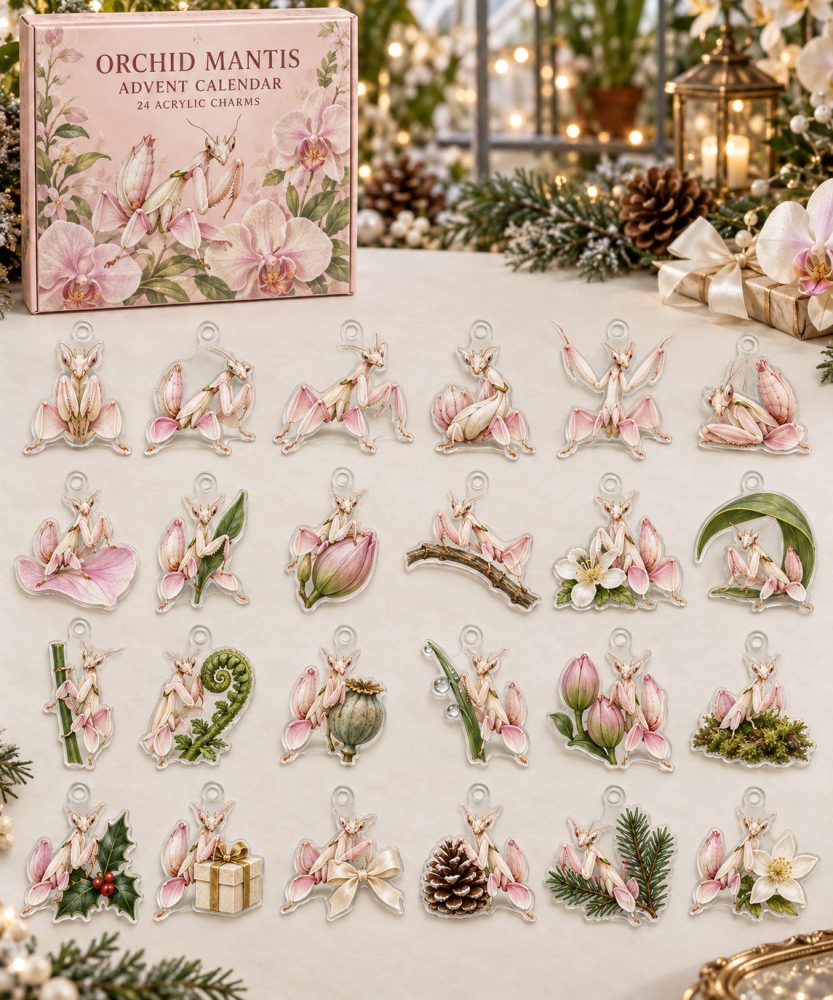 24-Day Orchid Mantis Acrylic Charm Advent Calendar — Elegant Insect Collectible Countdown Kit For Nature Lovers & Jewelry Crafts