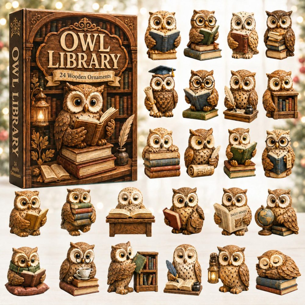 2026 24-Day Owl Library Wooden Countdown — Bookish Advent Calendar With Wooden Owl Charms, Perfect Librarian & Reader Holiday Gift Or Shelf Decor