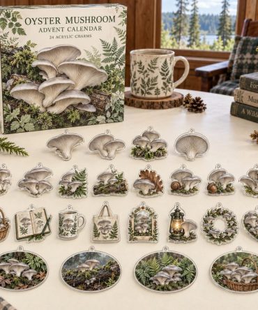 Premium 24-Day Oyster Mushroom Charm Countdown — 24 Acrylic Mini Ornaments, Daily Unbox For Crafters, Gifts & Holiday Jewelry Display