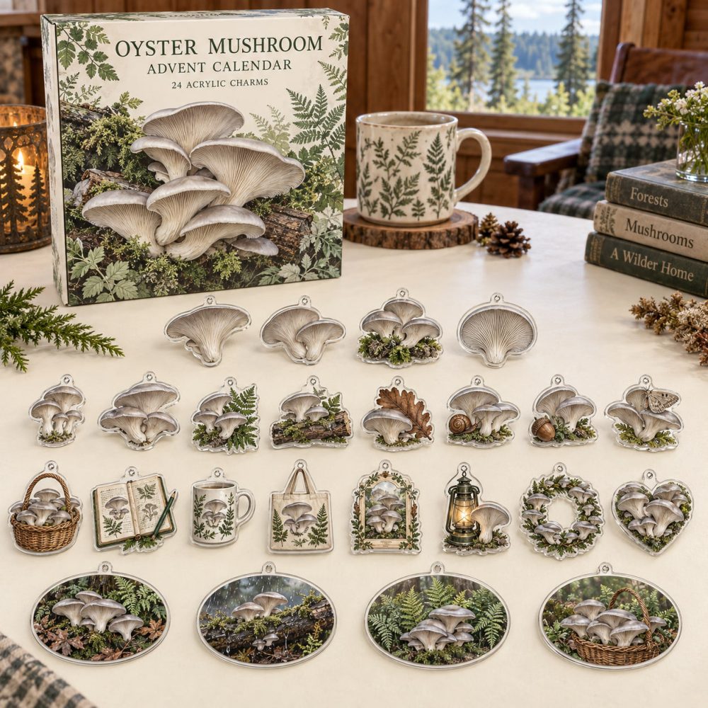 Premium 24-Day Oyster Mushroom Charm Countdown — 24 Acrylic Mini Ornaments, Daily Unbox For Crafters, Gifts & Holiday Jewelry Display