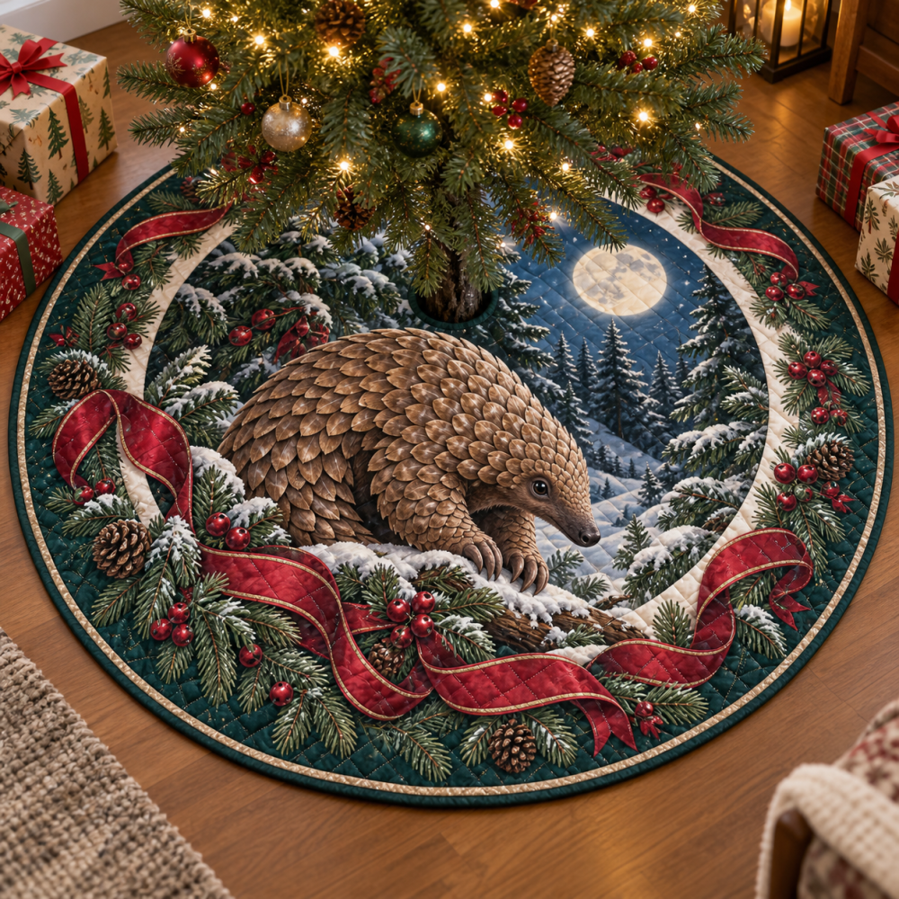 Pangolin Quilted Holiday Tree Skirt — Unique Scaly Mammal Motif, Reversible Warm Quilting, Eco-Friendly Fabric, Cozy Christmas Floor Accent