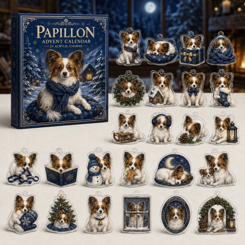 Papillon Holiday Countdown Calendar — 24 Delicate Acrylic Charms, Festive 24-Day Gift Set For Papillon Lovers And Collectors