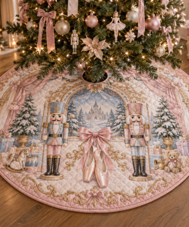 Pastel Nutcracker Ballet Quilted Tree Skirt - Soft Pastel Nutcracker & Ballet Motif Christmas Tree Skirt For Whimsical Holiday Rooms
