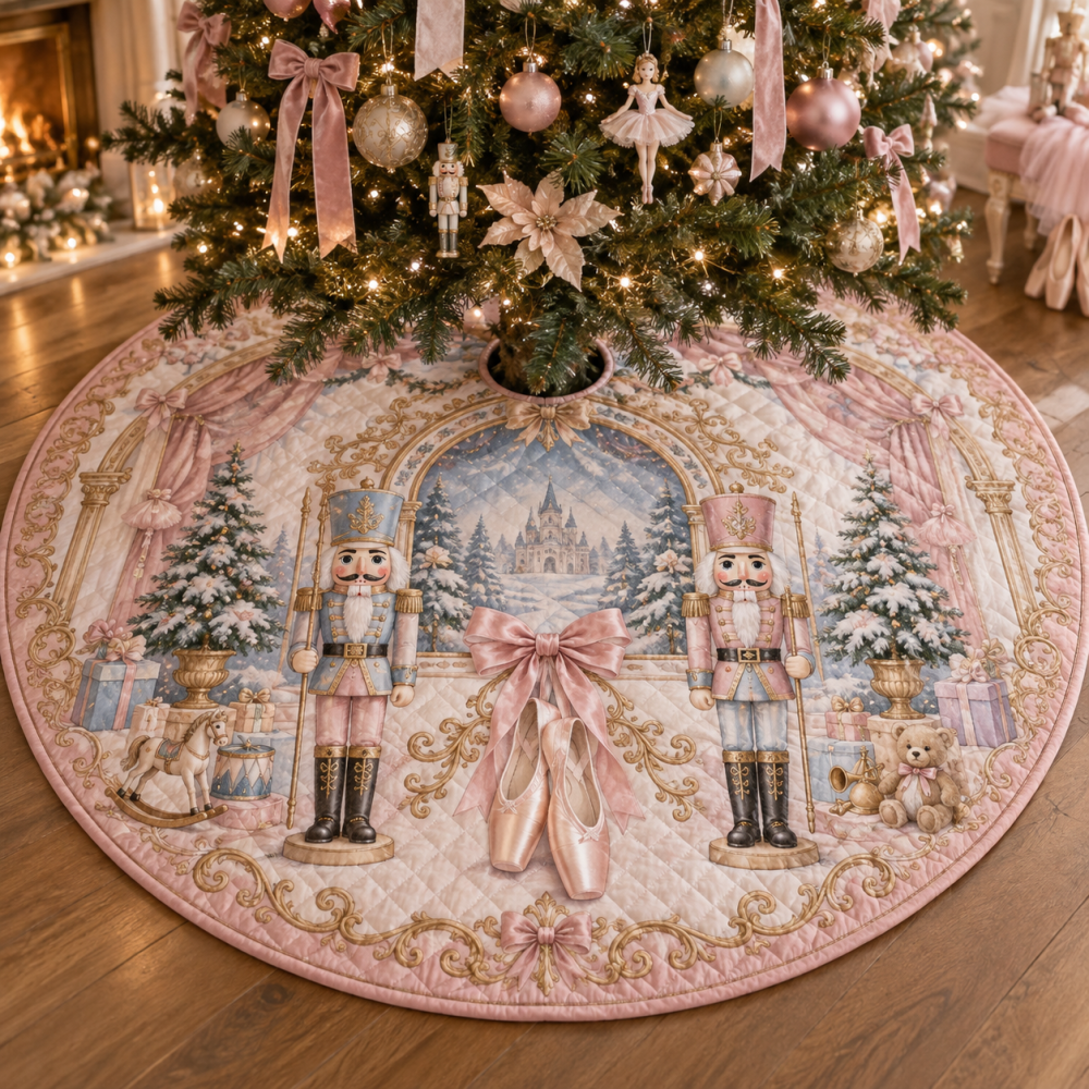 Pastel Nutcracker Ballet Quilted Tree Skirt - Soft Pastel Nutcracker & Ballet Motif Christmas Tree Skirt For Whimsical Holiday Rooms