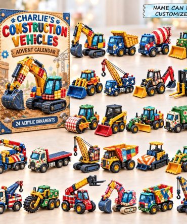 Patchwork Construction Vehicles Advent 2026 — 24 Patch-Style Vehicle Charms, Colorful Acrylic Countdown Calendar, Creative Kids Gift