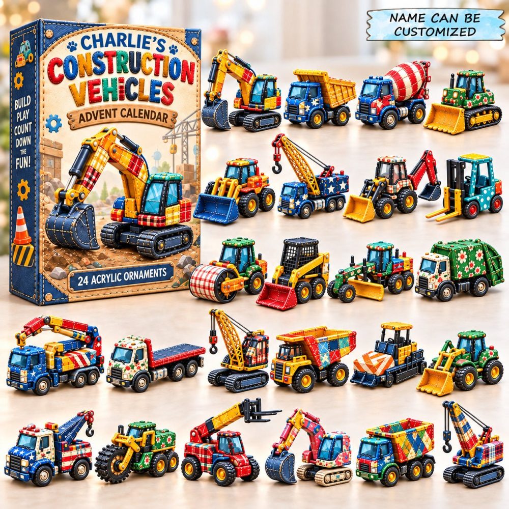 Patchwork Construction Vehicles Advent 2026 — 24 Patch-Style Vehicle Charms, Colorful Acrylic Countdown Calendar, Creative Kids Gift