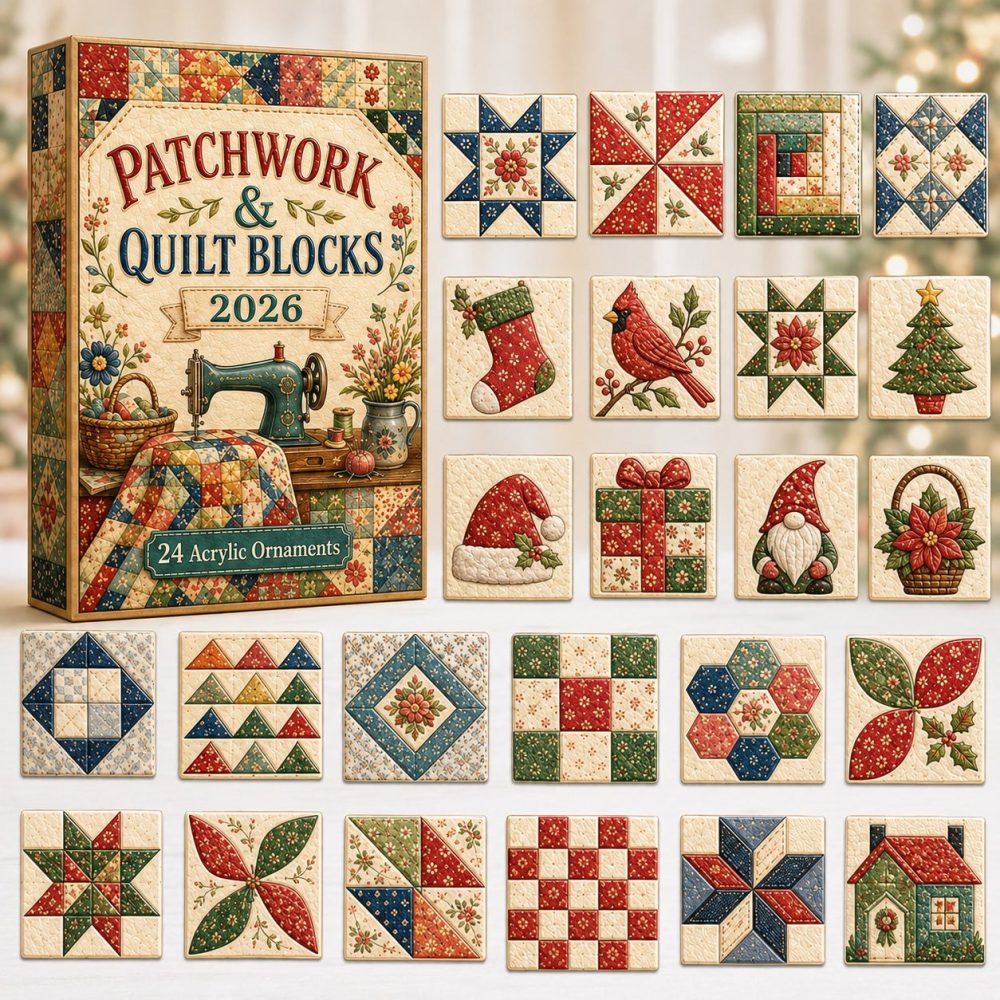 Limited Edition 2026 Patchwork Advent Calendar — 24 Quilt-Block Acrylic Charms, Daily Countdown Gift For Quilters & Craft Lovers