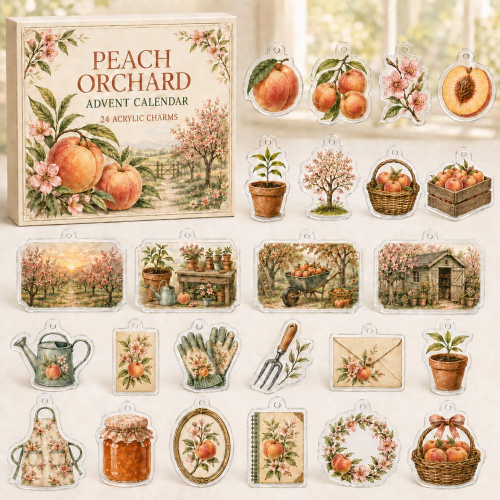 24-Day Peach Orchard Charm Countdown — Acrylic Fruit & Blossom Mini Charms For Foodies & Gardeners