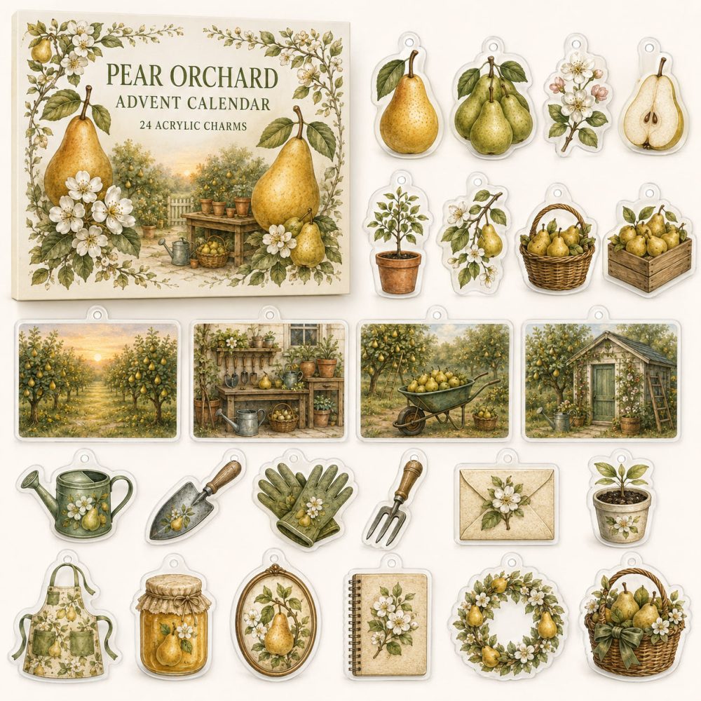 24-Day Acrylic Charm Countdown Highlighting Pear Orchard Scenes — Rustic Fruit Charm Set, Ideal Holiday Gift For Orchard & Farm Fans