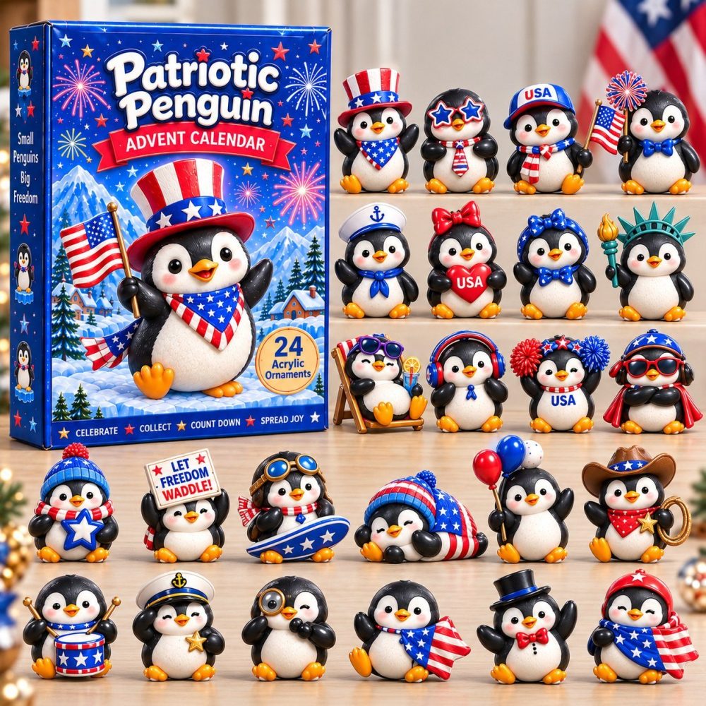 Patriotic Arctic Penguin Advent Calendar 2026 — 24-Day Acrylic Charm Countdown, Flag-Themed Penguin Ornaments & Holiday Gift