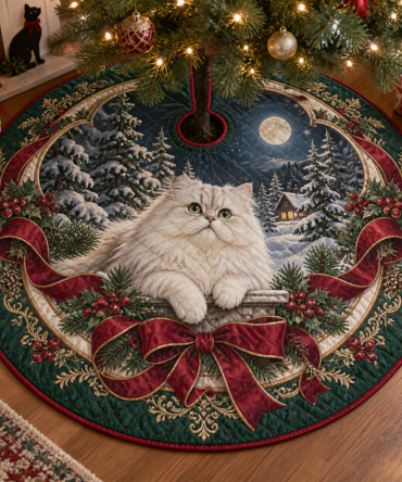 Opulent Quilted Holiday Tree Skirt With Persian Cat Motif — Plush, Elegant Christmas Decor, Machine-Washable & Pet-Friendly