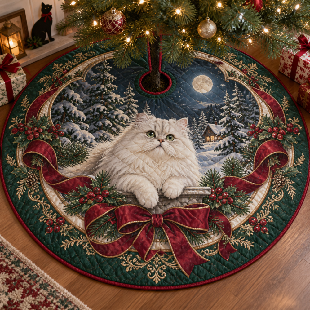 Opulent Quilted Holiday Tree Skirt With Persian Cat Motif — Plush, Elegant Christmas Decor, Machine-Washable & Pet-Friendly